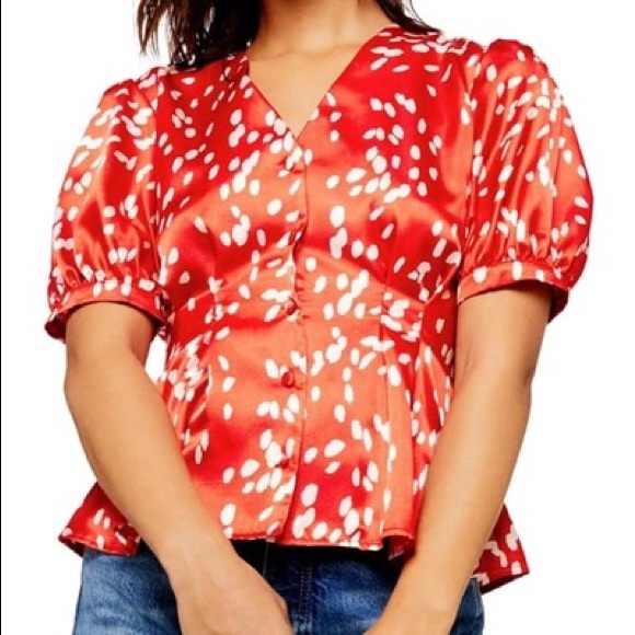 Topshop Tops - TOPSHOP Dalmatian V-neck Satin Blouse In Red
